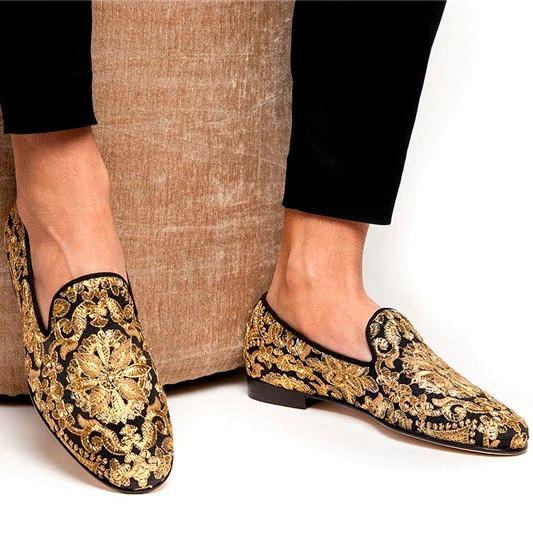 Men Wedding Shoes Gold Emebroidered Loafers Fashionable Nightclub Party Shoes Zapatos Hombre