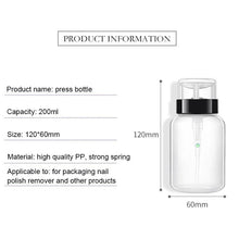 Load image into Gallery viewer, 1Pc 200ml 2 Color Nail Polish Remover Alcohol Liquid Press Pumping Bottle Nail Art UV Gel Cleaner Empty Plastic Container Tool
