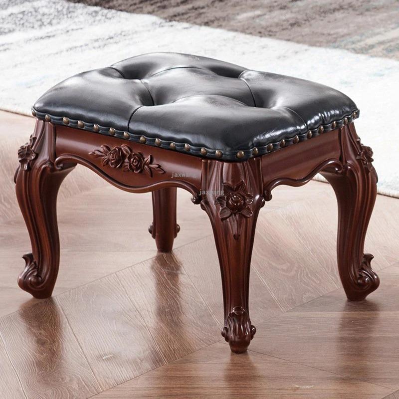 Vintage American Furniture Stool Home Living Room Square Stool European Carved Leather Stool Sofa Coffee Table Stool Shoe Bench